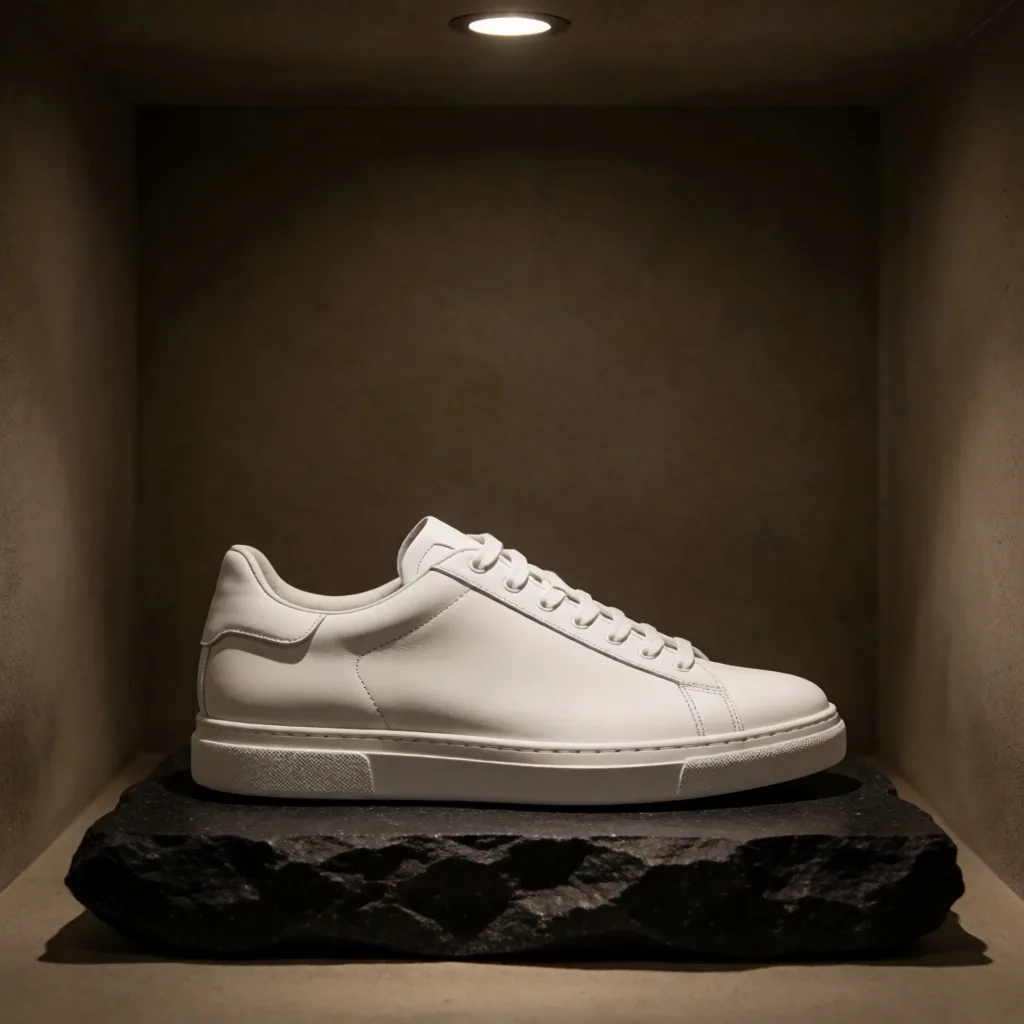 Zapatilla de diseño de cuero blanco minimalista
