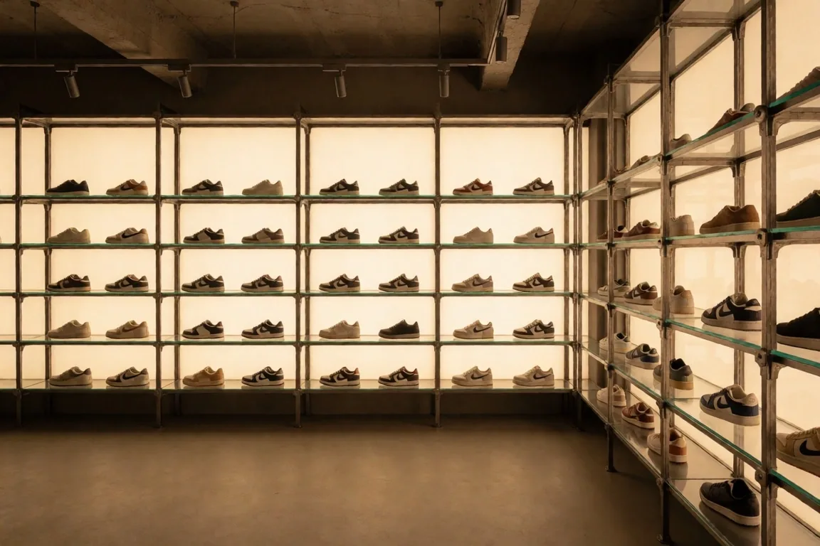 Interior de tienda de moda urbana en Madrid con zapatillas en estanterías