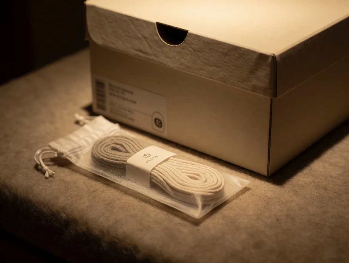 Caja original de zapatillas con papel de seda y accesorios sobre fieltro
