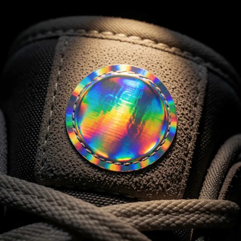 Sello de autenticidad holográfico sobre la lengüeta de la zapatilla