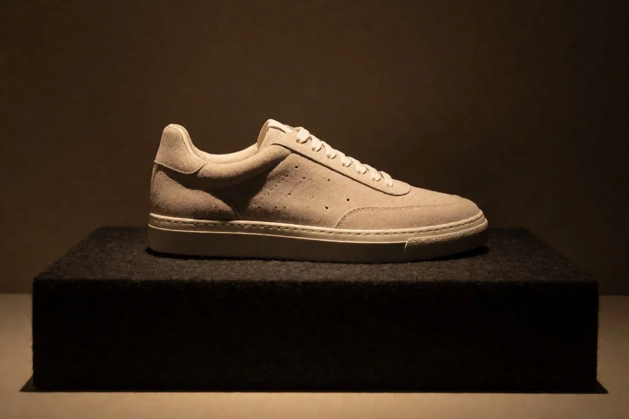 Zapatilla de colección sobre plinto de fieltro en sala de inspección