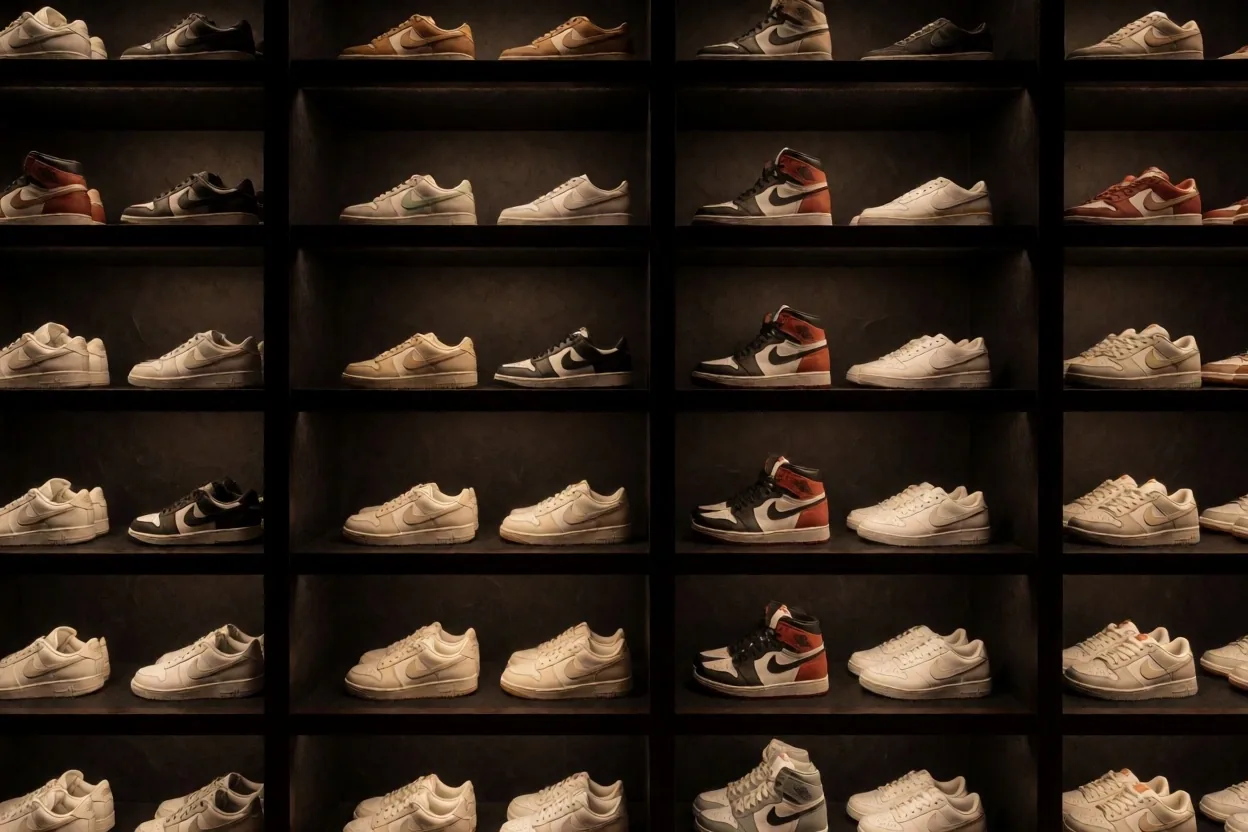 Colección de zapatillas cuidadas en estanterías de fieltro