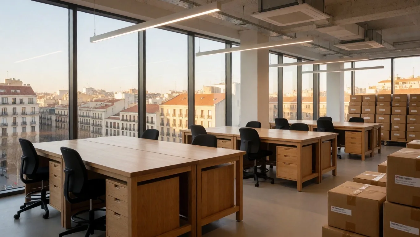 Interior de la sede de UrbanVibe en Madrid con estanterías de verificación