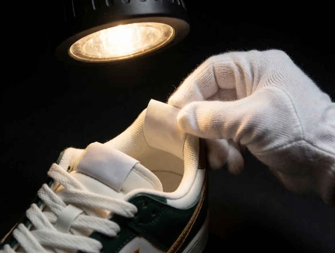 Verificador con guante de algodón inspeccionando la etiqueta interior de una zapatilla
